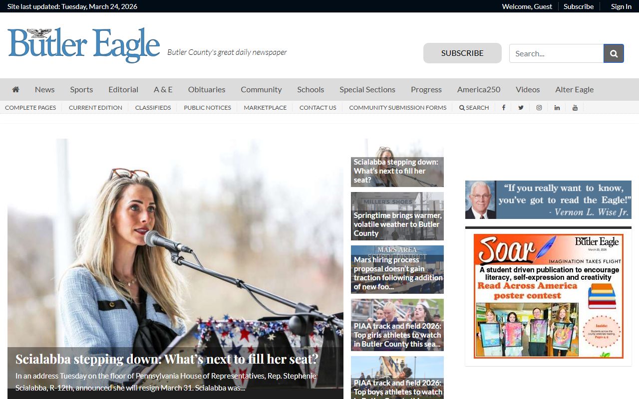 Butler Eagle newspaper covering Butler County unclaimed money notices and local property listings