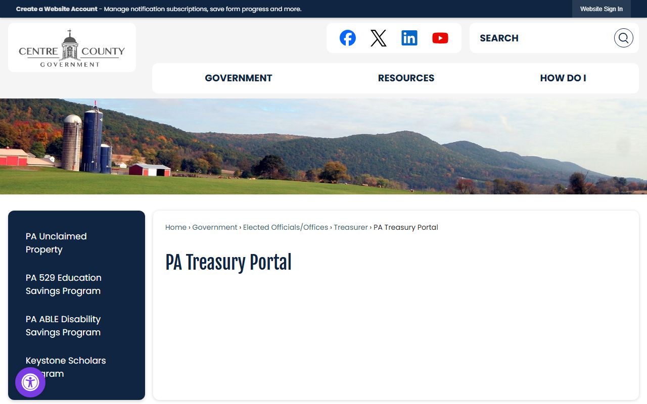 Centre County PA Treasury Portal connecting residents to unclaimed property search