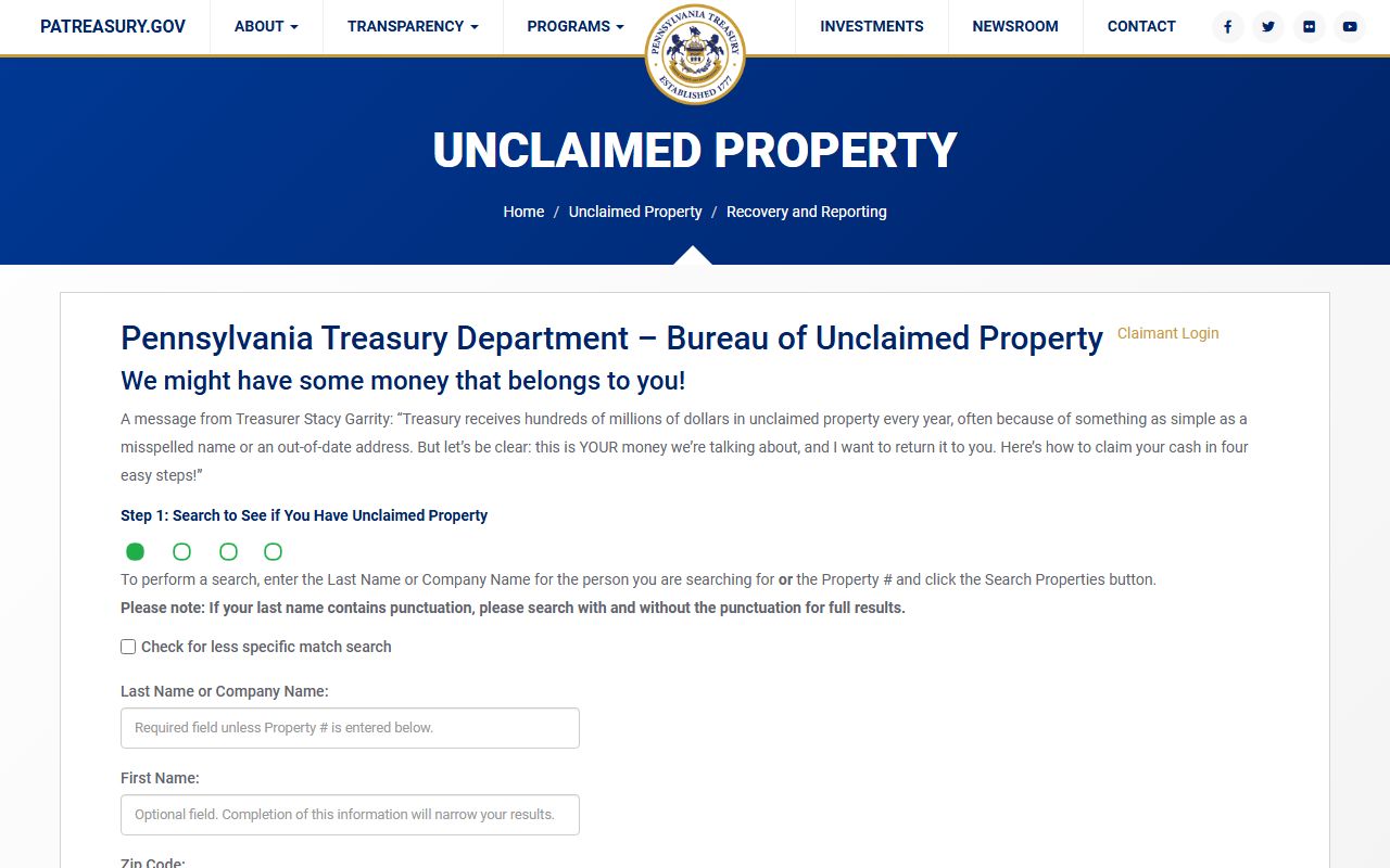 Pennsylvania Treasury search portal for Cumberland County unclaimed money