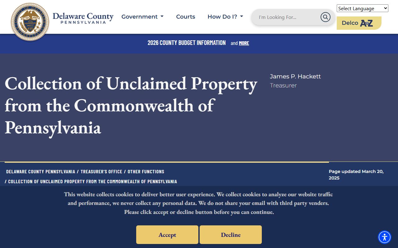 Delaware County Treasurer unclaimed property page for Delaware County unclaimed money