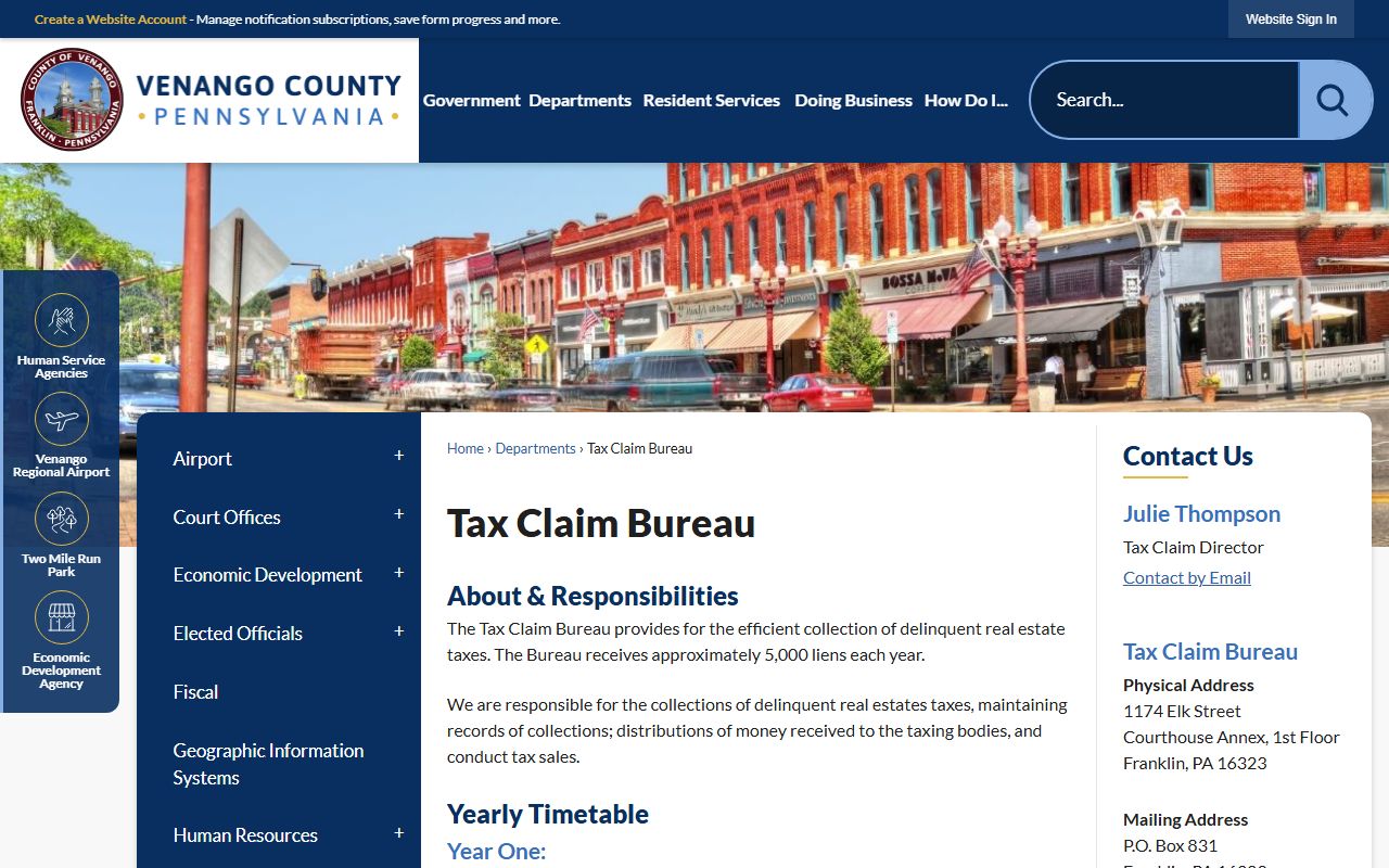 Venango County Tax Claim Bureau website showing delinquent tax collection services