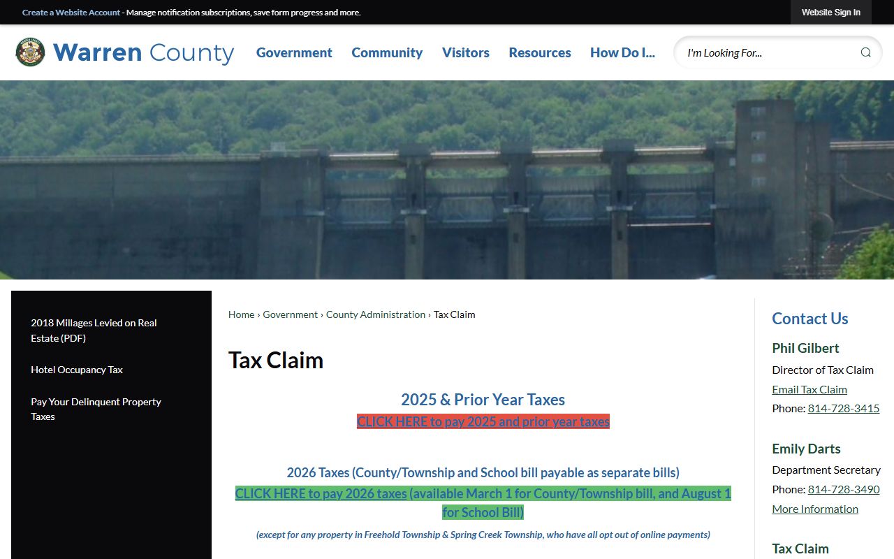 Warren County Tax Claim Bureau website showing tax sale types and delinquent property information