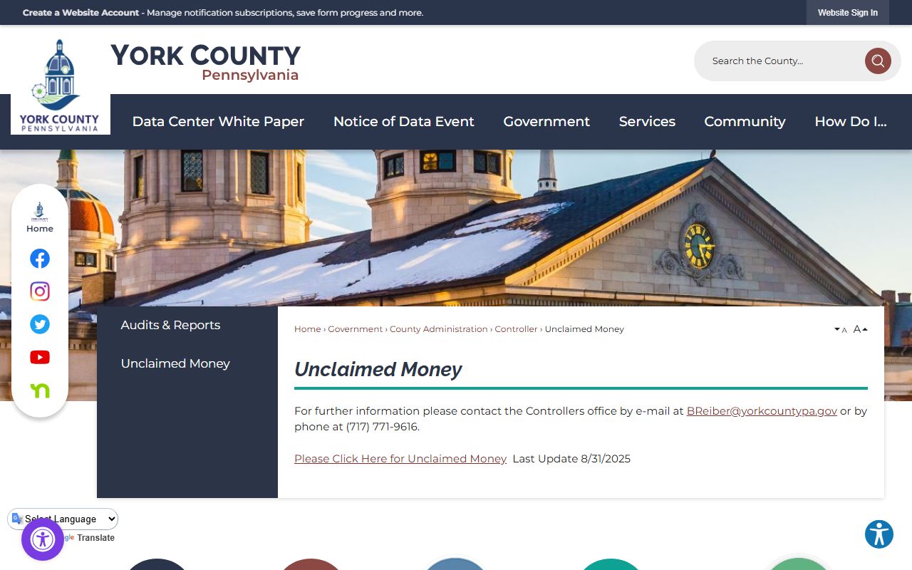 York County unclaimed money list maintained by Controller's Office
