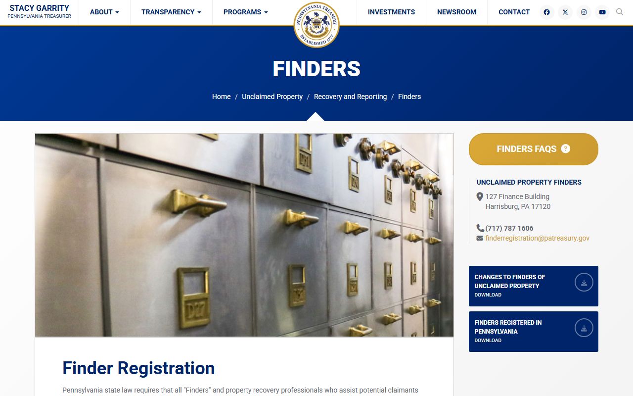 Pennsylvania unclaimed money finder registration requirements PA Treasury