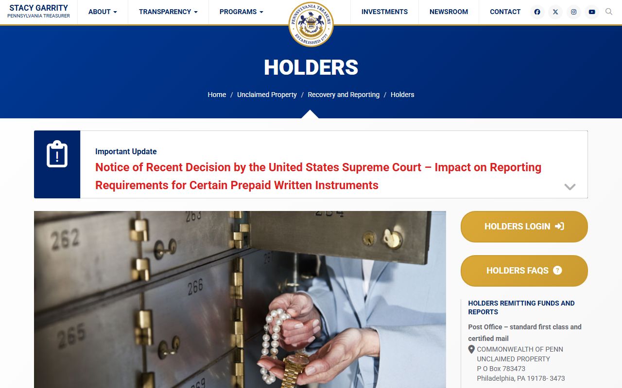 Pennsylvania unclaimed money holder reporting portal PA Treasury