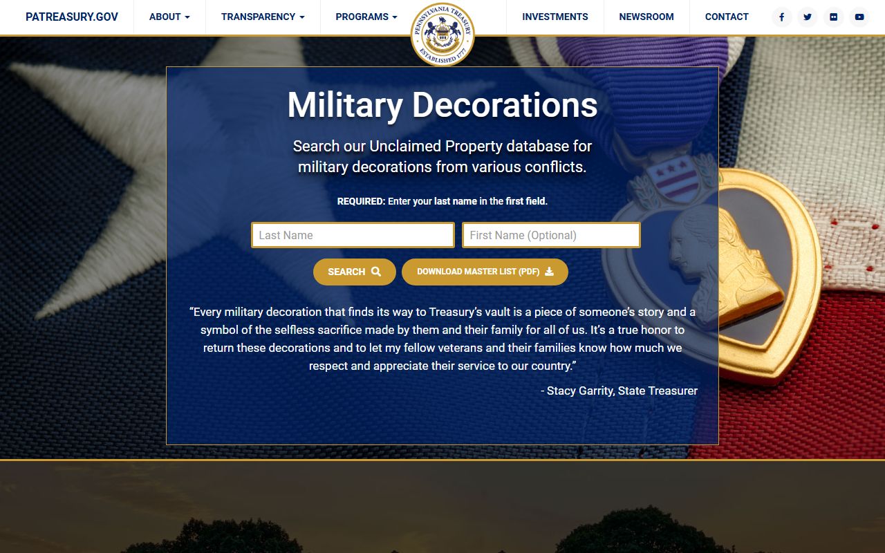 Pennsylvania unclaimed money military decorations database medals and honors