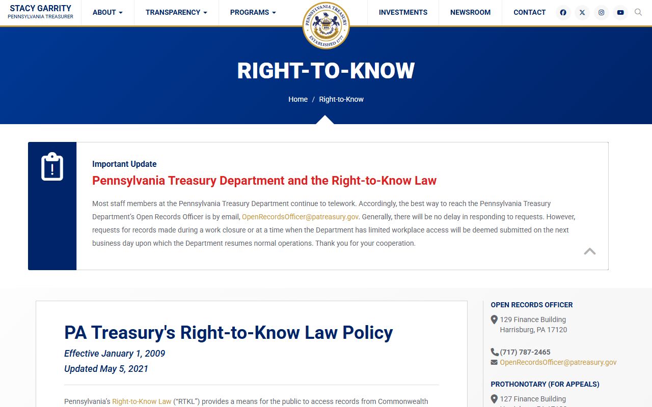 Pennsylvania unclaimed money PA Treasury Right to Know public records page