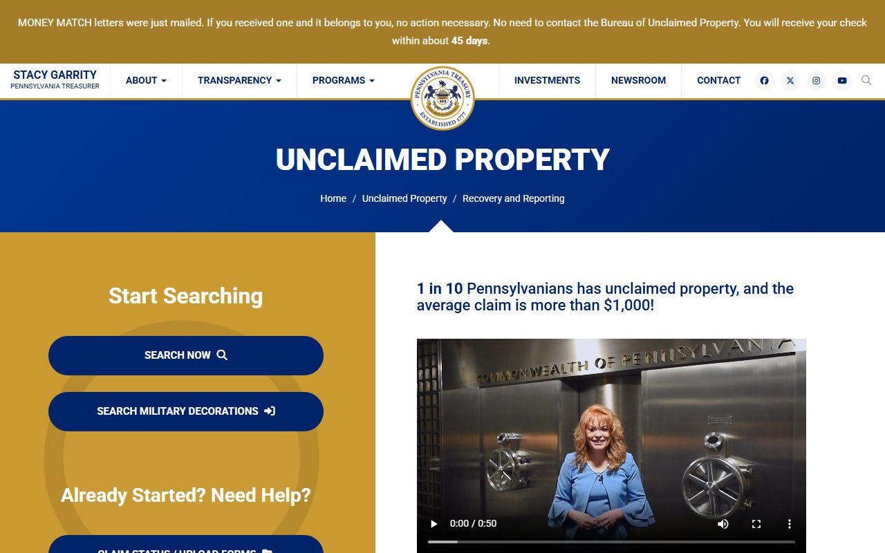 Pennsylvania unclaimed money official Treasury search portal database
