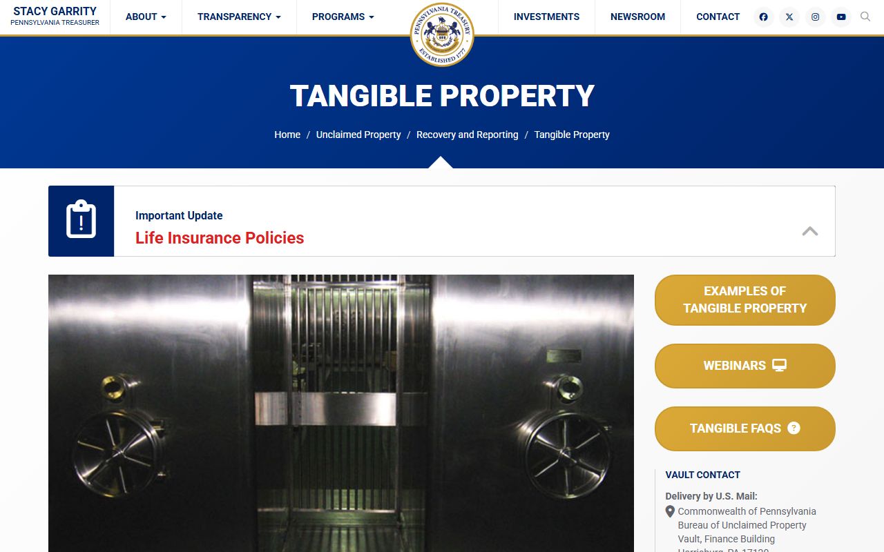 Pennsylvania unclaimed money tangible property auction safe deposit box contents